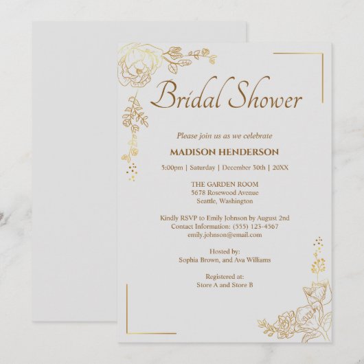 彫刻 ゴールド フラワー ウェディング ブライダル シャワー 招待状 (正面/裏面)