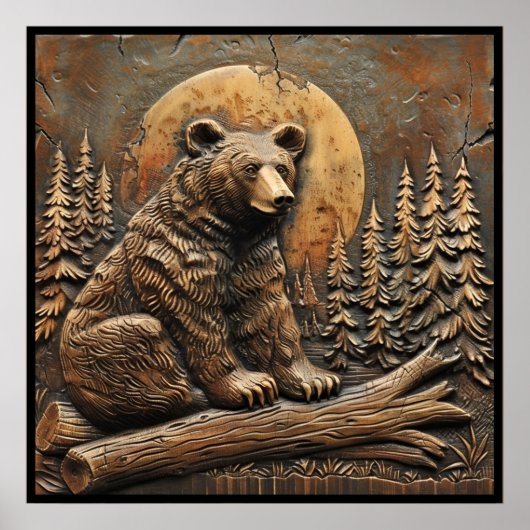 彫素朴り木熊の松の木の夕日 ポスター (正面)