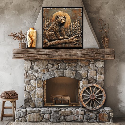 彫素朴り木熊の松の木の夕日 ポスター