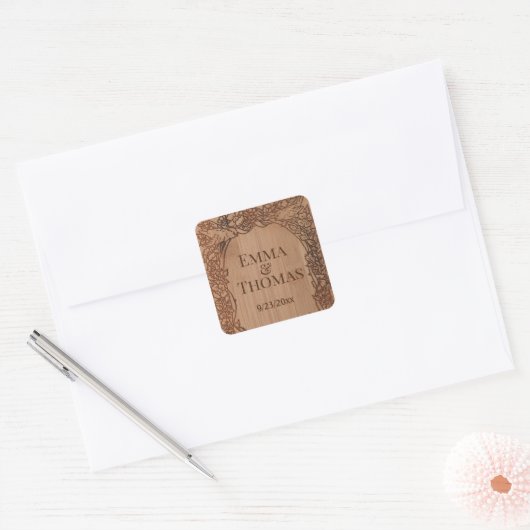 彫素朴刻された結婚木材の名前フローラ スクエアシール (封筒)