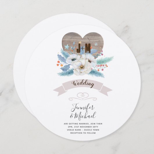 彫素朴刻木材ハートモノグラムフローラ秋 招待状 (正面/裏面)