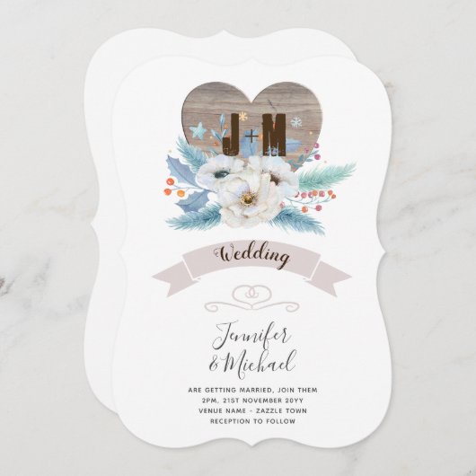 彫素朴刻木材ハートモノグラムフローラ秋 招待状 (正面/裏面)