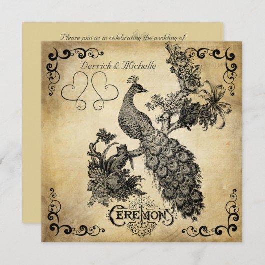 影で覆われたクリーム色のヴィンテージの孔雀の結婚式招待状 招待状 (正面/裏面)