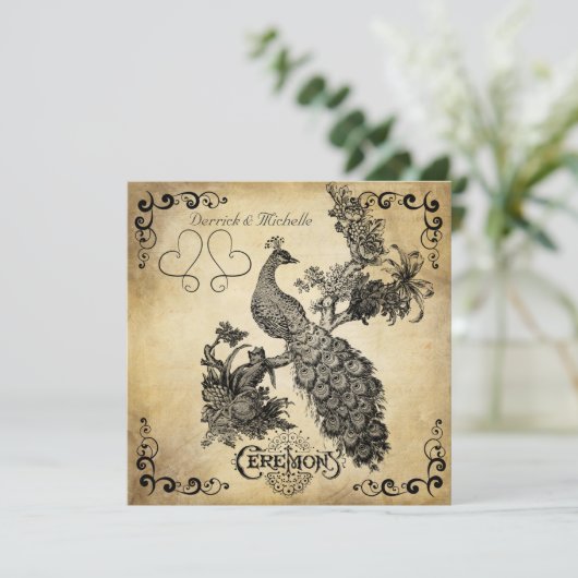 影で覆われたクリーム色のヴィンテージの孔雀の結婚式招待状 招待状 (スタンド正面)