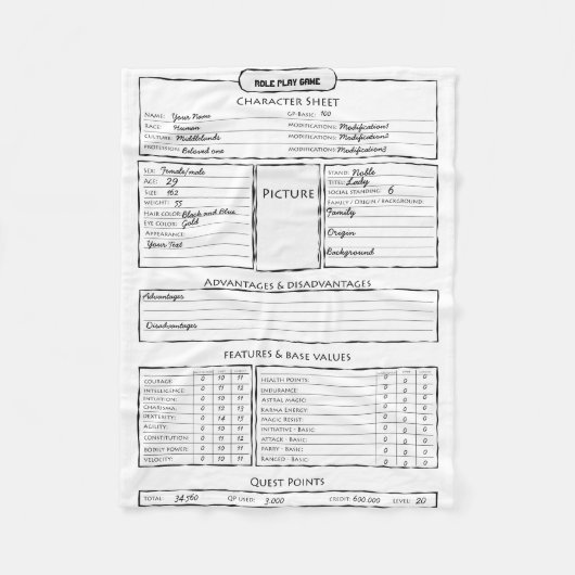 役割の演劇のゲームのキャラクターシート フリースブランケット (正面)