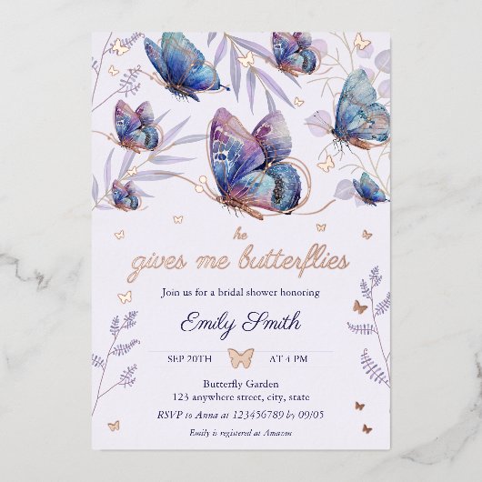 彼からバタフライボウル ブライダルシャワーのラベンダーをもらった 箔招待状 (正面)