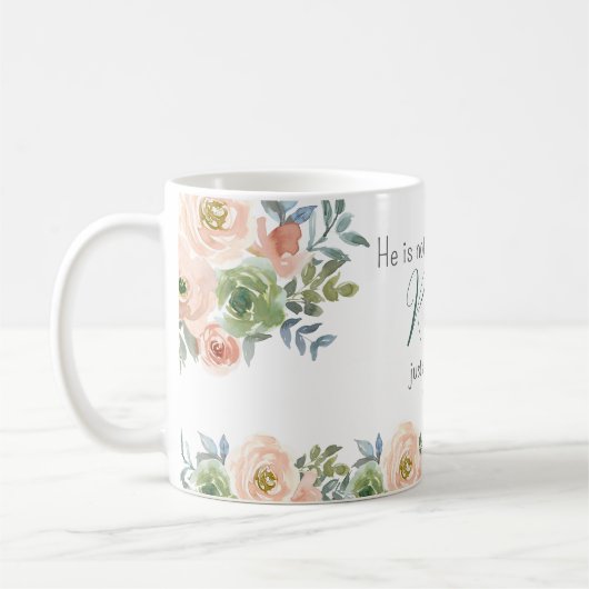 彼がイースターフローラピーチグリーンの水色を復活させた コーヒーマグカップ (左)