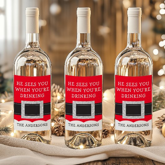 彼がクリスマスサンタをあなたは飲むと君を見る ワインラベル
