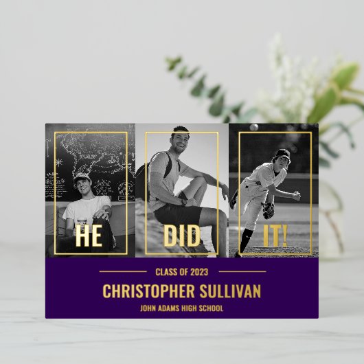 彼が写真を撮モダンったパーティーフォイル招待状 箔シーズンカード (立ち正面)