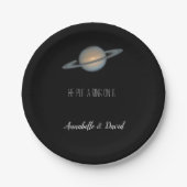 彼が土星にリングや輪を置く宇宙パーティー ペーパープレート (正面)