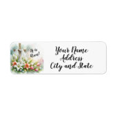 彼が復活したのはイースターの十字架でユリとチューリップ ラベル (正面)