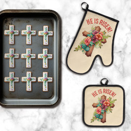 彼が復活したイースターウォーターの色のフローラクロス 鍋つかみ&鍋敷きセット