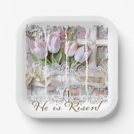 彼が復活したイースターチューリップクロスクリスチャンヴィンテージ ペーパープレート (正面)