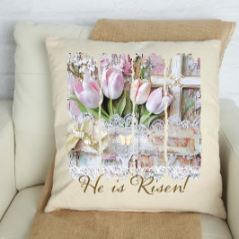 彼が復活したチューリップクロスキリスト教のヴィンテージ クッション