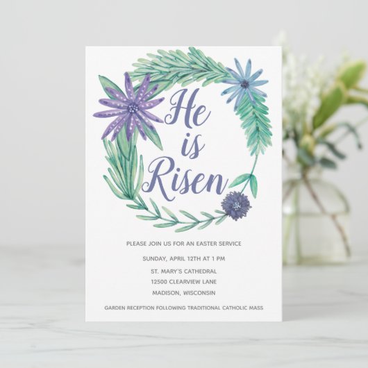 彼が復活した宗教的なイースター教会パープルフローラ 招待状 (スタンド正面)