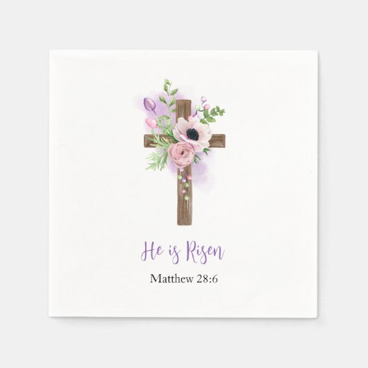 彼が復活した紫色の美しいフローラクロス復活祭 スタンダードカクテルナプキン (正面)