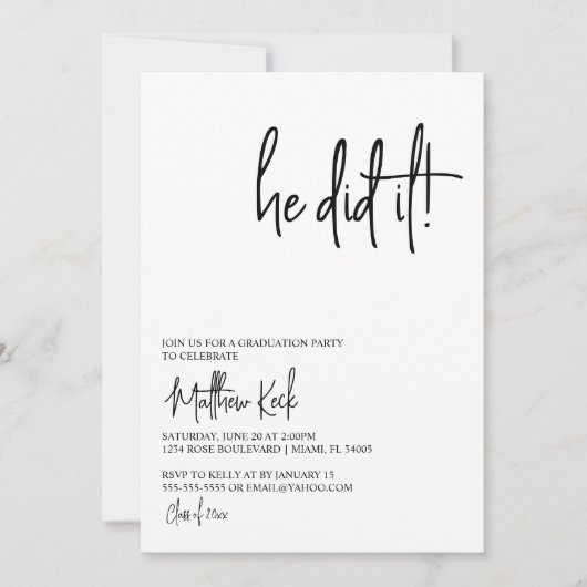彼が成し遂げた！ 現代の卒業パーティー招待状 招待状 (正面)