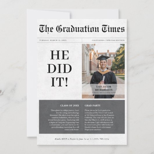 彼が新聞2025年ユニーク卒業写真を撮った 招待状 (正面)