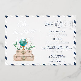 彼が旅行に行く場所男の赤ちゃんネイビーブルーシルバー 箔招待状