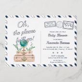 彼が旅行に行く場所男の赤ちゃんネイビーブルーシルバー 箔招待状 (正面)