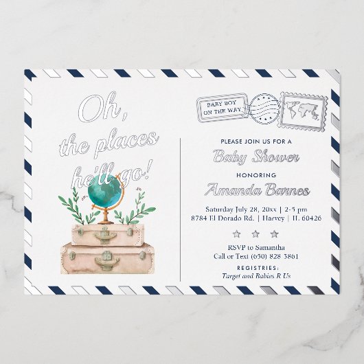 彼が旅行に行く場所男の赤ちゃんネイビーブルーシルバー 箔招待状 (正面)