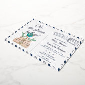 彼が旅行に行く場所男の赤ちゃんネイビーブルーシルバー 箔招待状 (回転した状態)