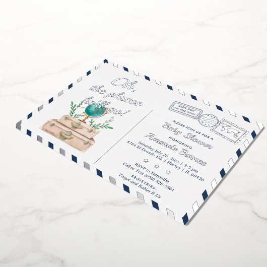 彼が旅行に行く場所男の赤ちゃんネイビーブルーシルバー 箔招待状 (回転した状態)