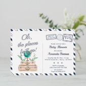 彼が旅行に行く場所男の赤ちゃんネイビーブルーシルバー 箔招待状 (立ち正面)