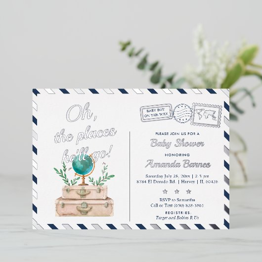 彼が旅行に行く場所男の赤ちゃんネイビーブルーシルバー 箔招待状 (立ち正面)