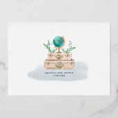 彼が旅行に行く場所男の赤ちゃんネイビーブルーシルバー 箔招待状 (裏面)