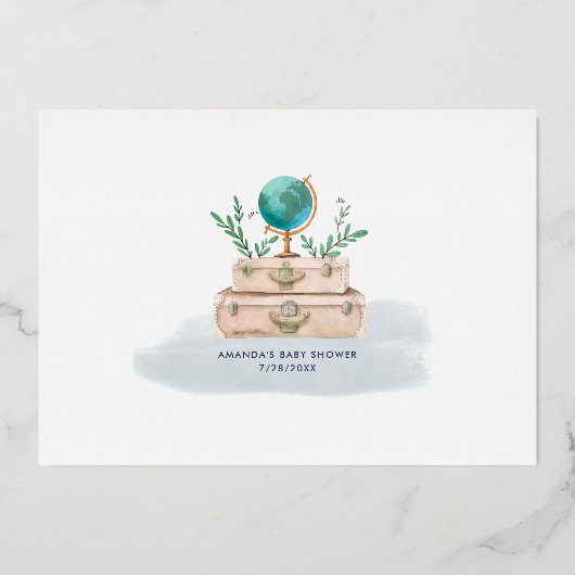 彼が旅行に行く場所男の赤ちゃんネイビーブルーシルバー 箔招待状 (裏面)