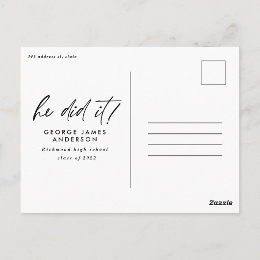 彼が緑色の写真のモダン卒業用はがきを書いた ポストカード (裏面)