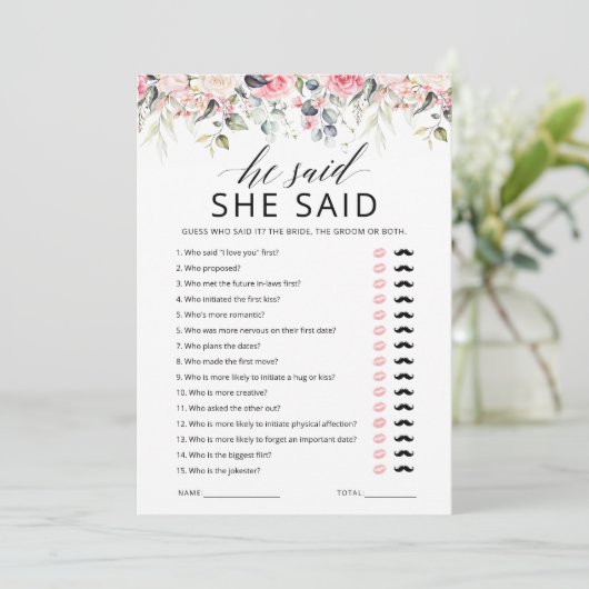 「彼が言った彼女が言った」ウェディングシャワーのゲームカード 招待状 (スタンド正面)
