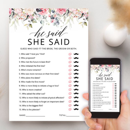 「彼が言った彼女が言った」ウェディングシャワーのゲームカード 招待状
