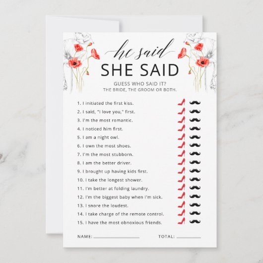 「彼が言った彼女が言った」フラワーブライダルシャワーゲームカード 招待状 (正面)