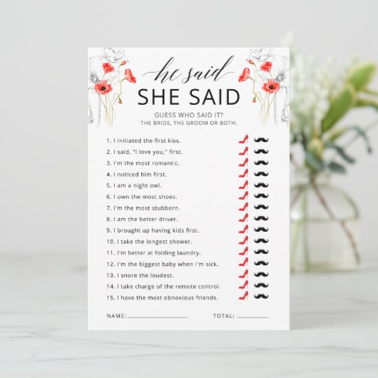 「彼が言った彼女が言った」フラワーブライダルシャワーゲームカード 招待状 (スタンド正面)