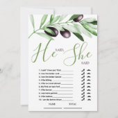 「彼が言った、彼女が言った」オリーブの枝の結婚前のお祝いのカード 招待状 (正面)