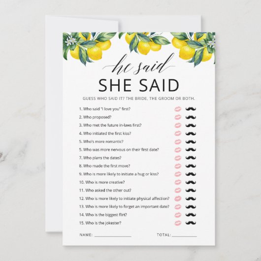 「彼が言った、彼女が言った」ゲームカード レモン ブライダルシャワーパーティー 招待状 (正面)