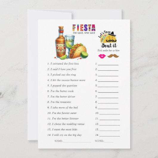 「彼が言った、彼女が言った」フィエスタ ウェディングシャワーゲーム (正面)