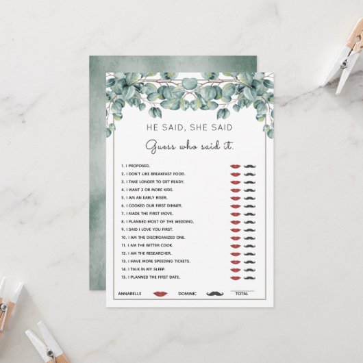 「彼が言った、彼女が言った」ユーカリのブライダルシャワーゲーム 招待状 (正面/裏面インサイチュ)