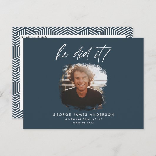 彼が青い写真モダンの卒業用はがき ポストカード (正面/裏面)