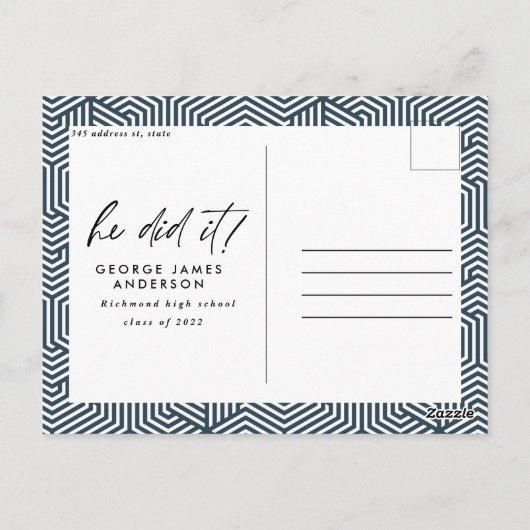 彼が青い写真モダンの卒業用はがき ポストカード (裏面)