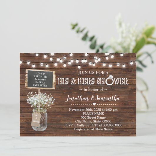 彼と彼女のウェディングシャワー田舎の納屋 招待状 (スタンド正面)