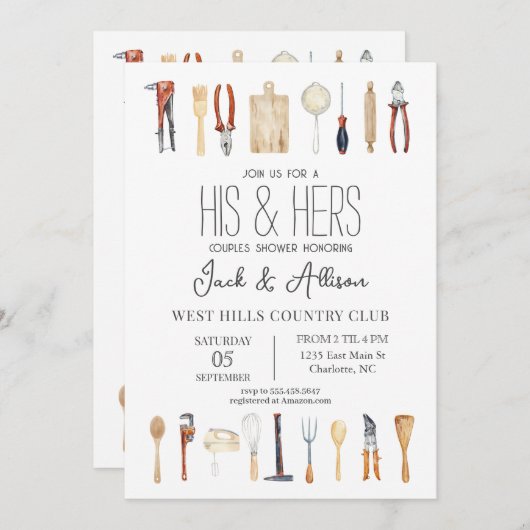 彼と彼女のカップルのシャワー招待、ツールシャワー 招待状 (正面/裏面)