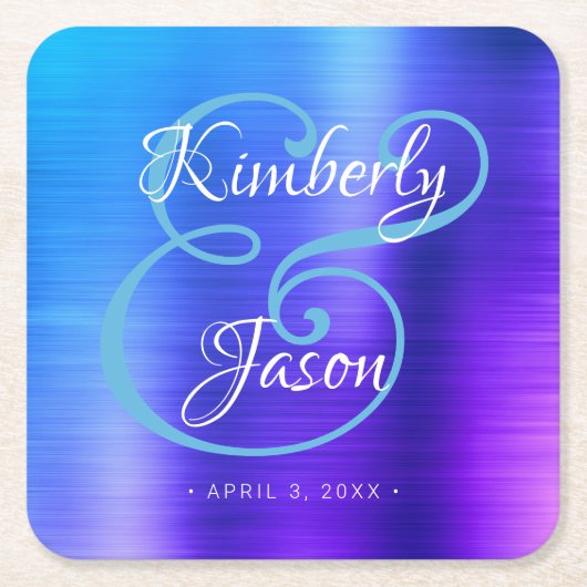 彼と彼女のスクリプト名、ブラシ付きブルーメタル結婚ズ スクエアペーパーコースター (正面)