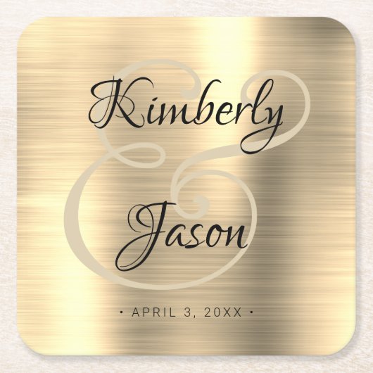 彼と彼女のスクリプト名、ブラシ付き金ゴールドメタル結婚ズ スクエアペーパーコースター (正面)