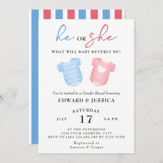 彼と彼女のベビーは青ピンクかわいミニマルい 招待状 (正面/裏面)