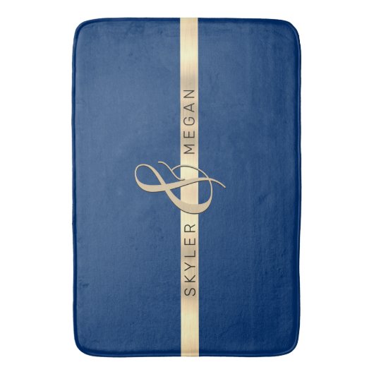 彼と彼女の名前、ストライプ金ゴールドオン王室のブルー バスマット (正面縦)