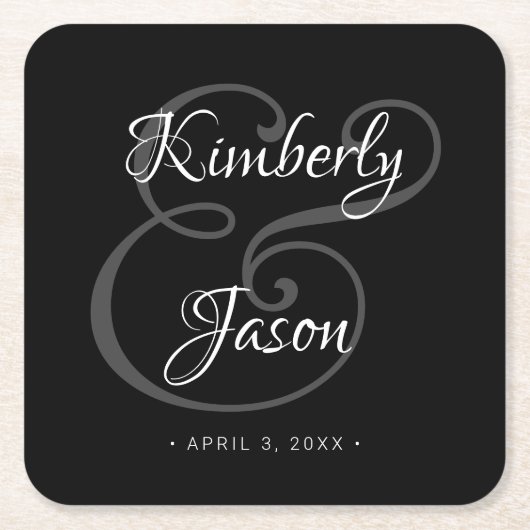 彼と彼女の白いスクリプト名，黒結婚の スクエアペーパーコースター (正面)