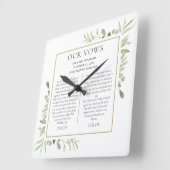 彼と彼女の結婚誓約書 緑の葉の装飾 スクエア壁時計 (傾斜)
